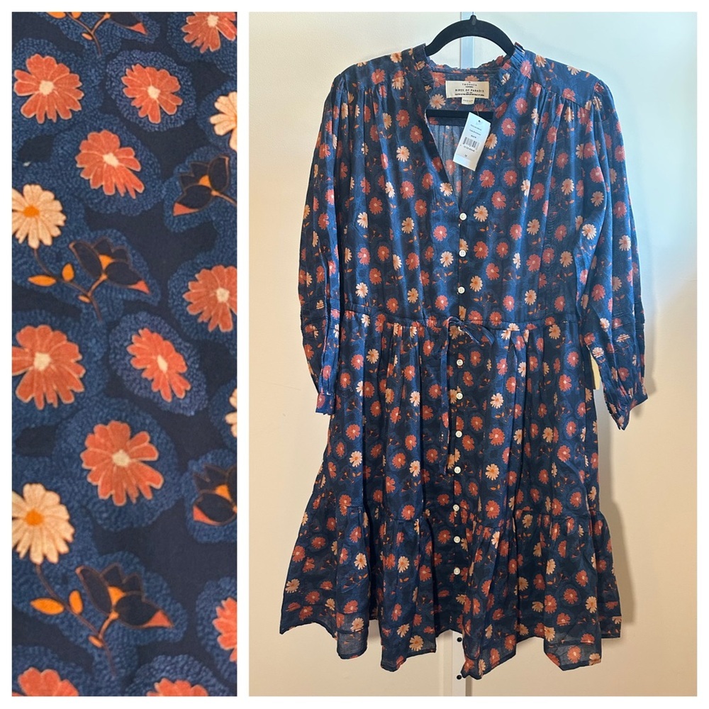 Trovata Yulia Shirt Dress Floral Blue Button Front Tiered Cotton Size M NWT